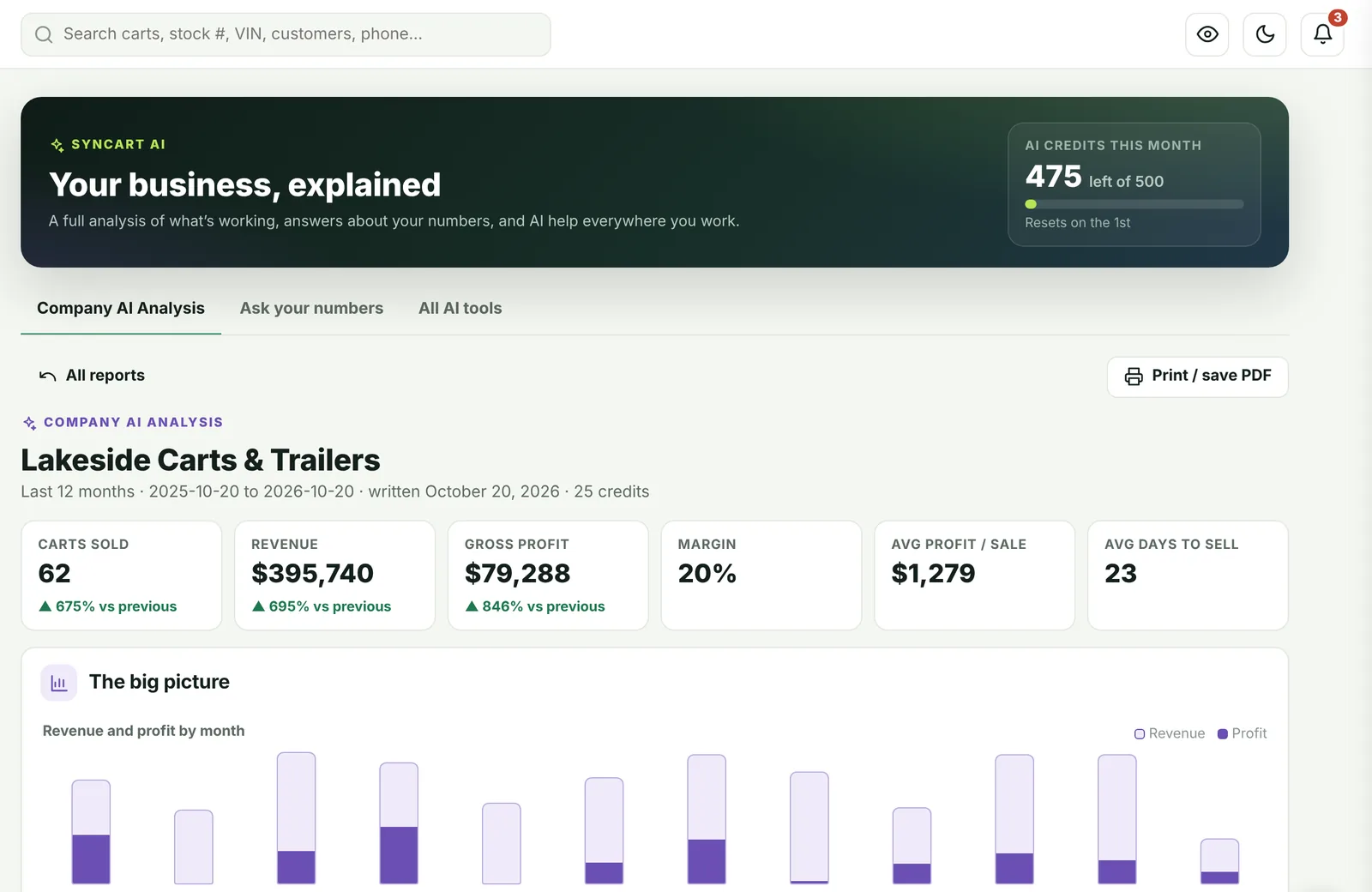 Company AI Analysis report showing units sold, revenue, gross profit and a monthly chart