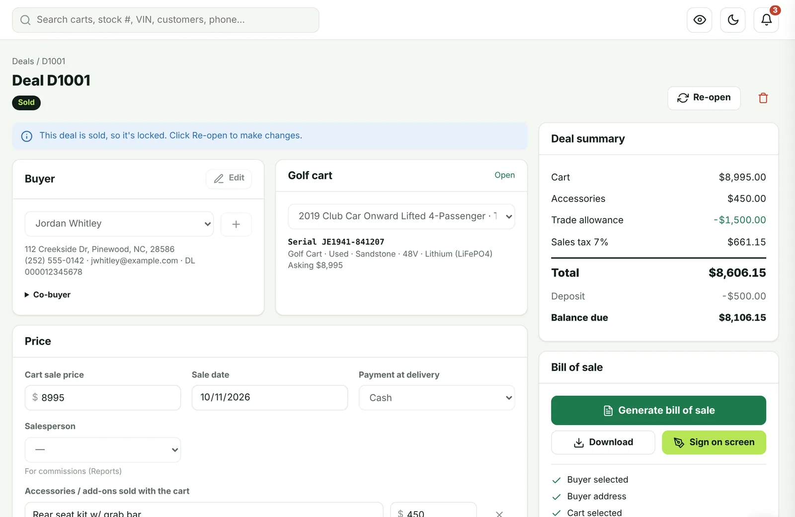 A deal in Syncart with buyer, unit, price, trade-in and a checklist for the bill of sale