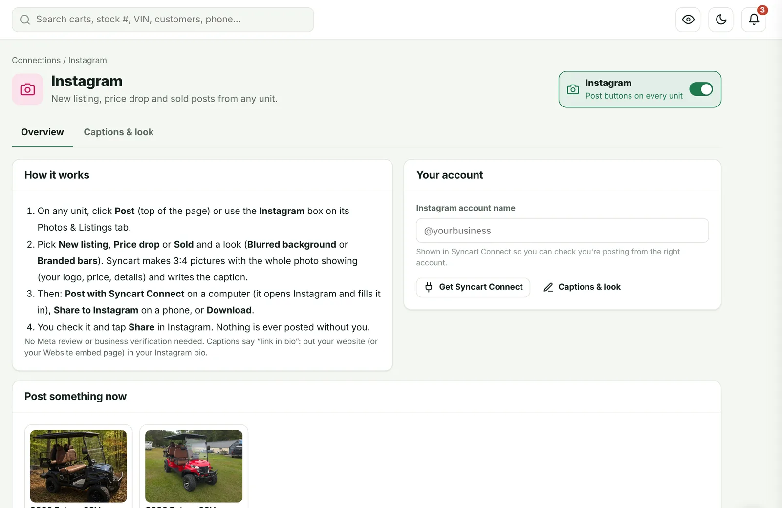 Instagram page in Syncart with posts ready for two golf carts