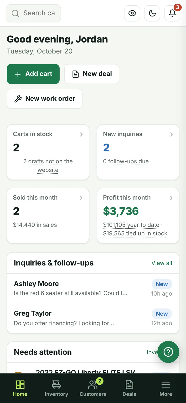 Syncart DMS dashboard on a phone