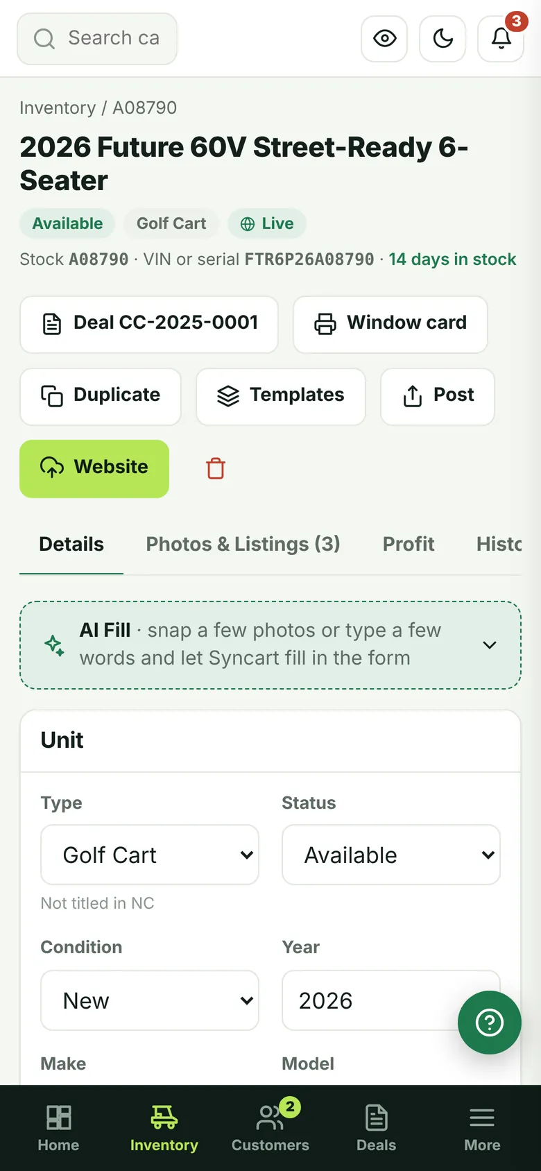 A unit page in Syncart on a phone