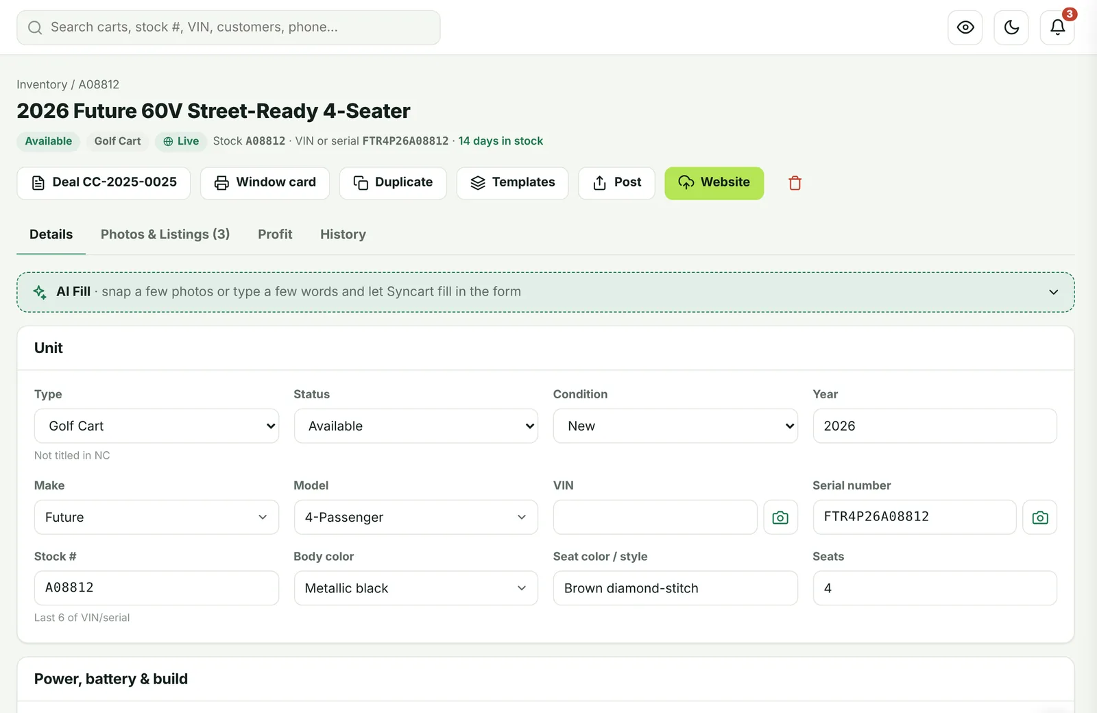 A golf cart's unit page in Syncart with AI Fill, window card and website buttons